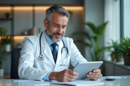 Medecin en blouse blanche utilisant une tablette en cabinet