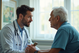 Jeune medecin attentif parlant à un patient âgé dans un cabinet lumineux
