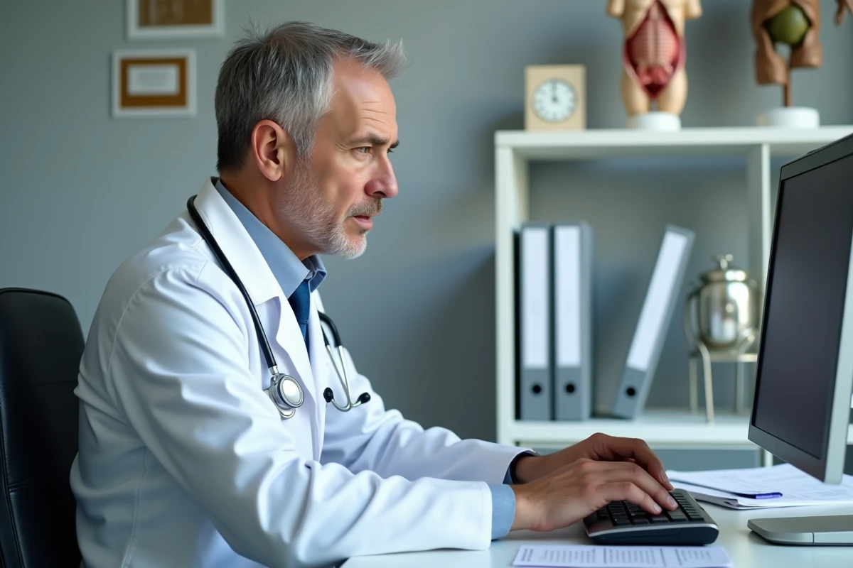 Medecin examinant des dossiers dans un cabinet medical
