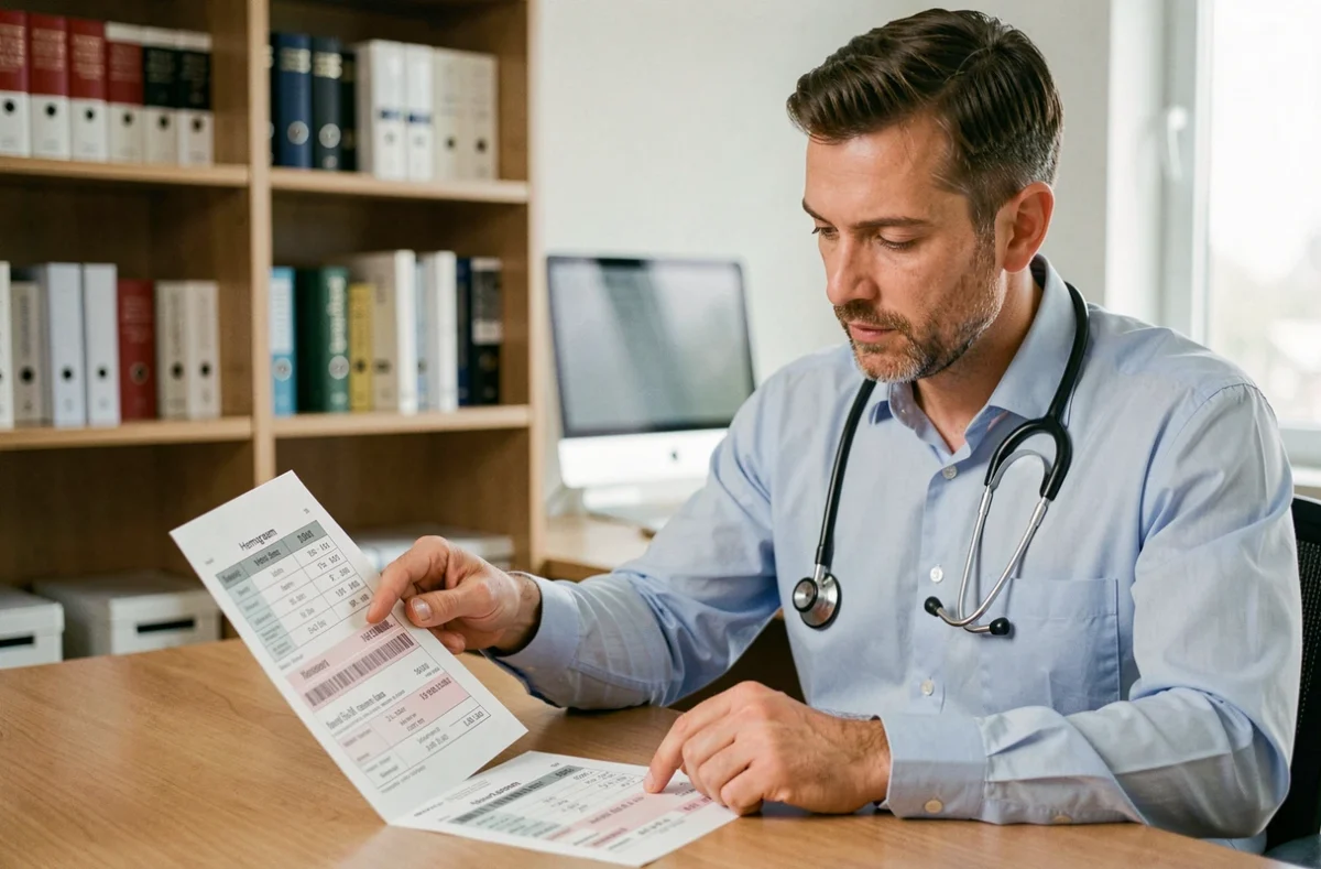 Médecin généraliste examinant les résultats d'un hémogramme avec valeurs TCMH imprimées