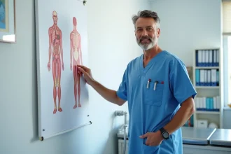 Médecin expliquant le volume de sang dans le corps humain devant un schéma du système circulatoire