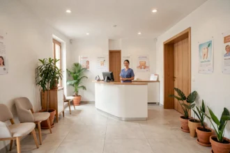 Salle d'attente moderne d'un cabinet dentaire dans l'Aude avec une réceptionniste accueillante