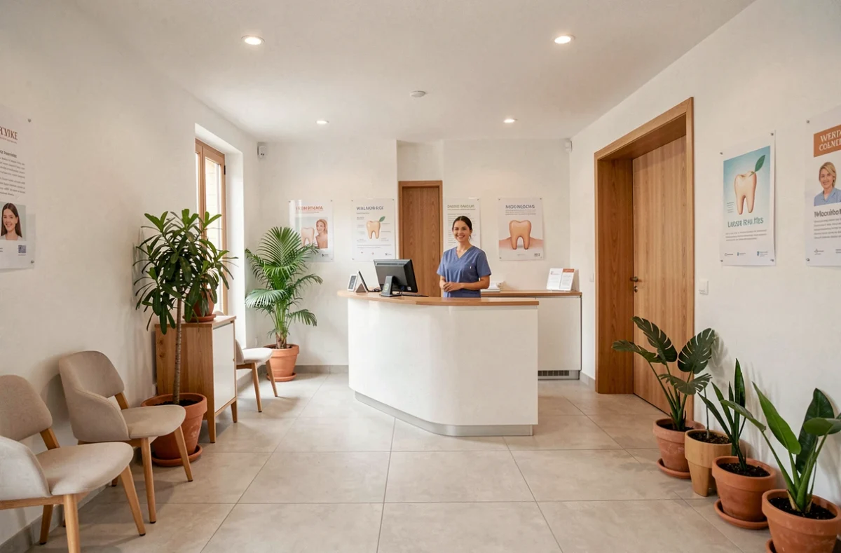 Salle d'attente moderne d'un cabinet dentaire dans l'Aude avec une réceptionniste accueillante