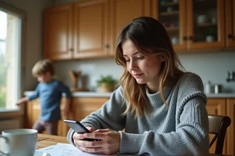 Mère débordée consultant une application de suivi kinésithérapie sur son téléphone dans une cuisine familiale