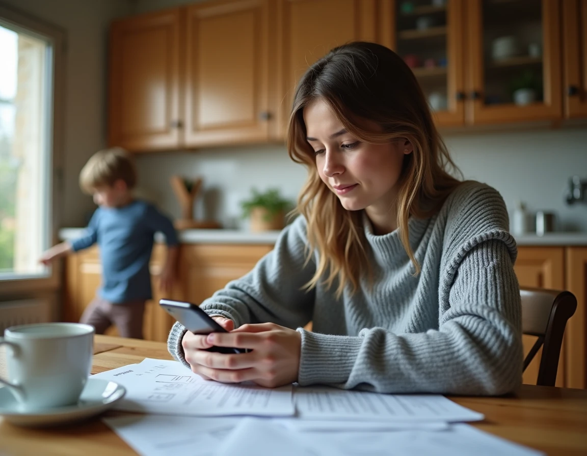 Mère débordée consultant une application de suivi kinésithérapie sur son téléphone dans une cuisine familiale