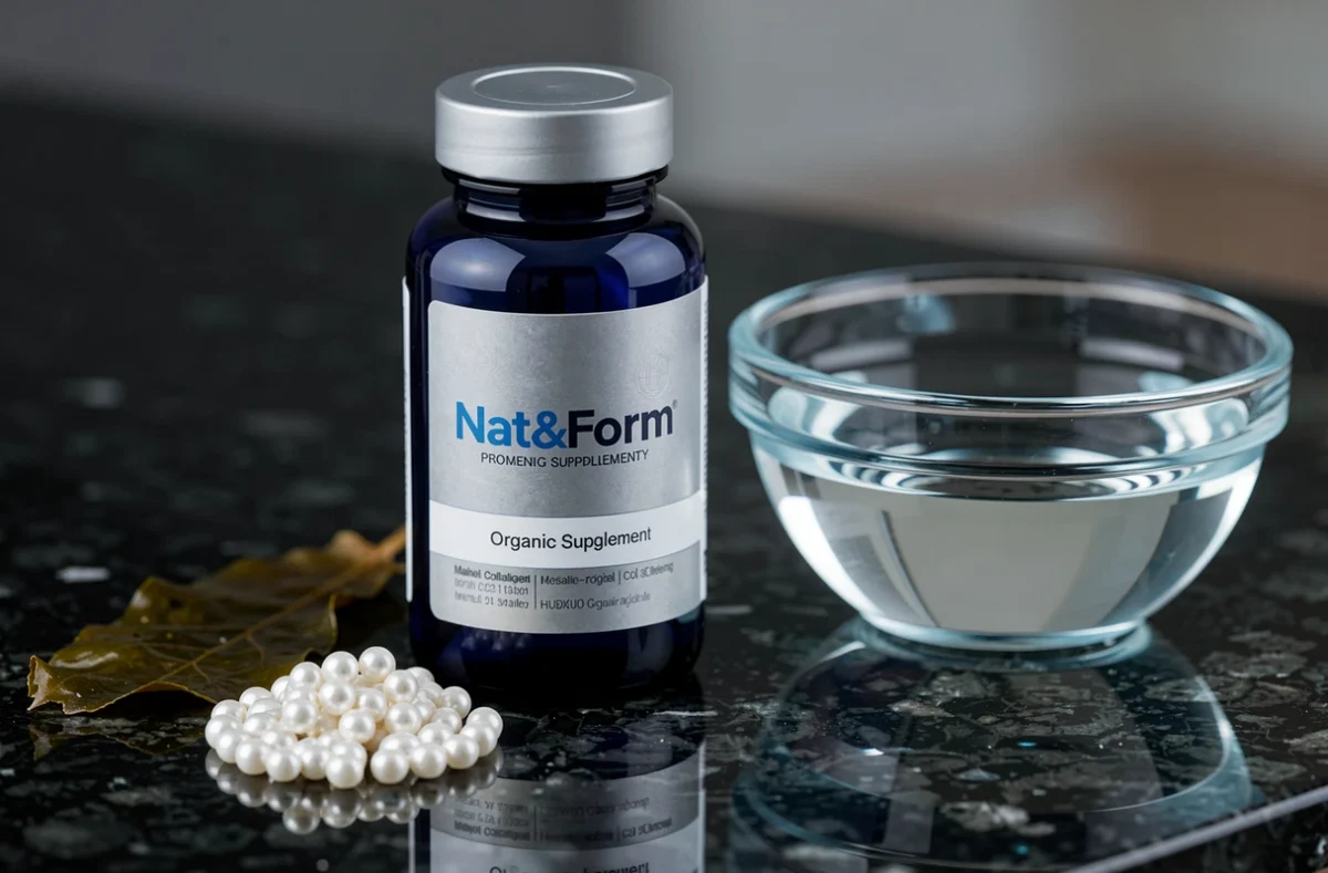 Flacon Nat&Form complément alimentaire bio en verre bleu marine sur granit noir avec perles de collagène marin et fronde de kelp séché
