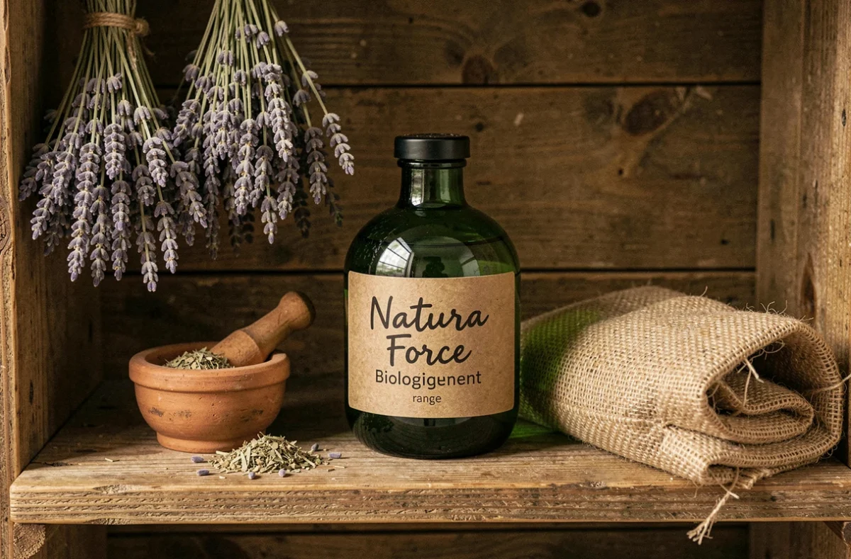 Bouteille Natura Force gamme Biologiquement en verre vert avec étiquette kraft sur étagère en bois entourée de lavande séchée et mortier en argile