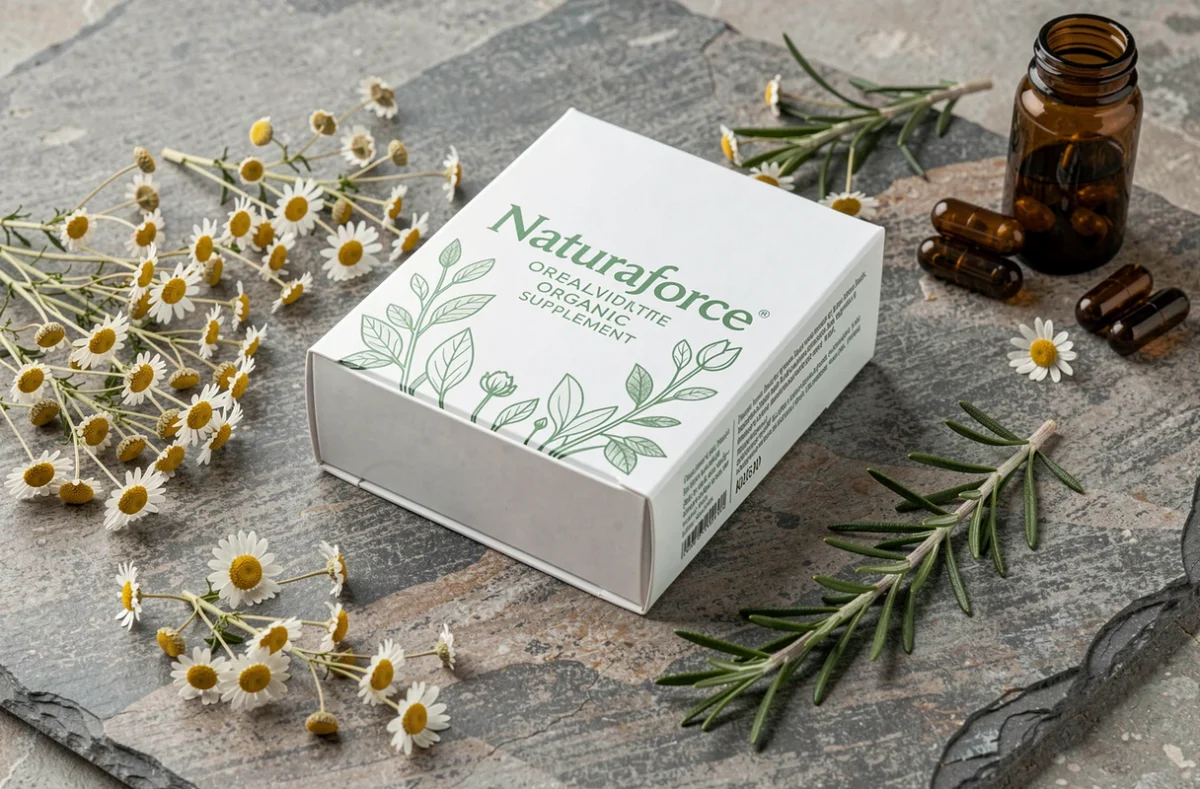Produit Naturaforce complément alimentaire bio avec boîte blanche illustrée posée sur ardoise avec fleurs séchées de camomille et romarin