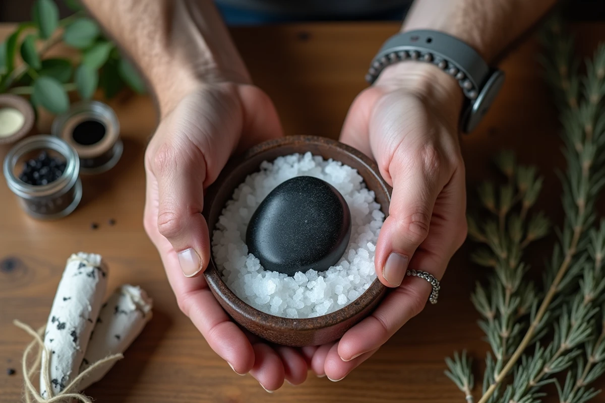 Mains plaçant une worrying stone en obsidienne dans un bol de sel marin pour la purification et le nettoyage énergétique