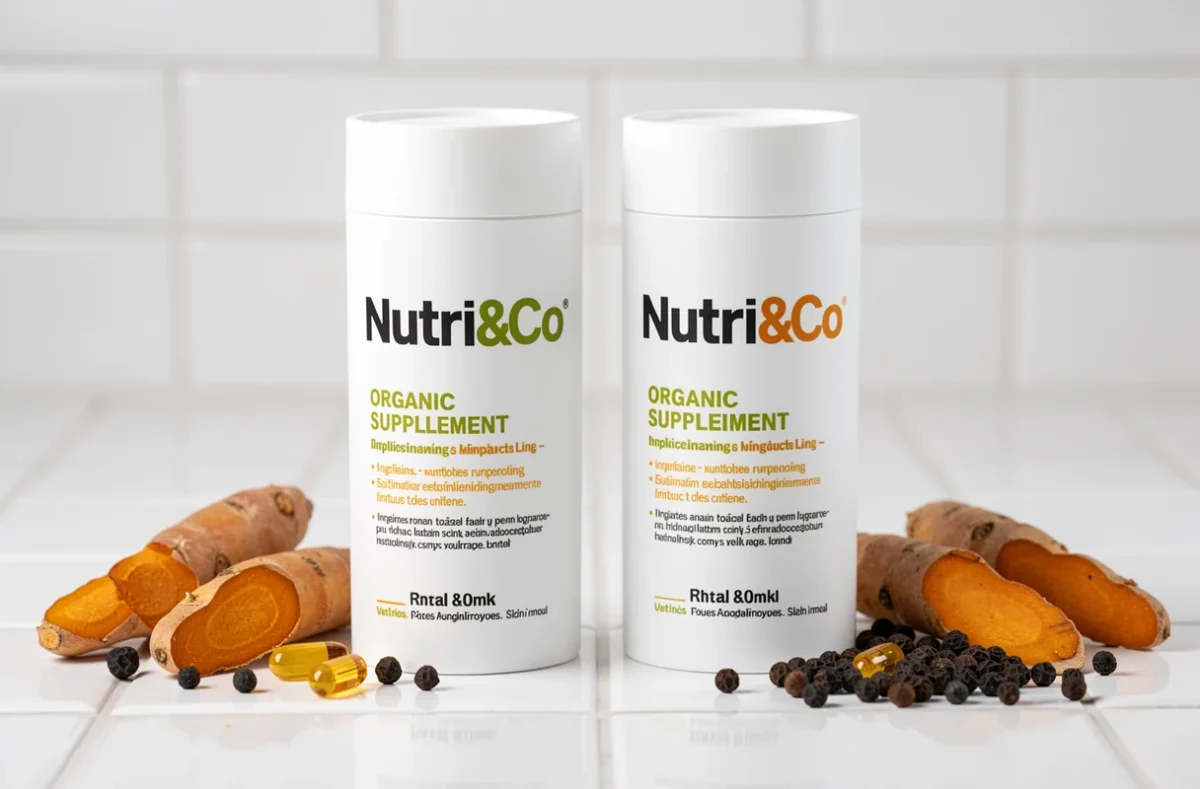 Produits Nutri&Co complément alimentaire bio en tubes blancs modernes sur céramique blanche avec racines de curcuma et poivre noir