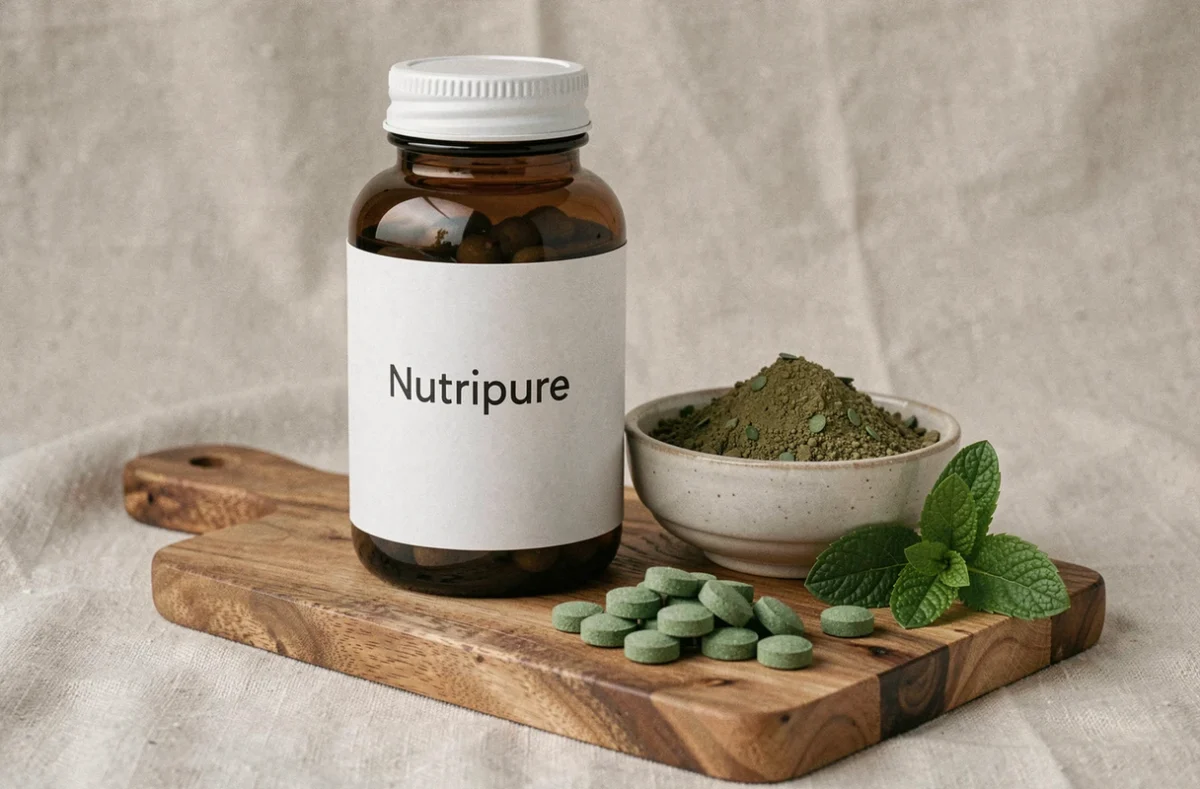Flacon de complément alimentaire bio Nutripure en verre ambré posé sur une planche en bois avec poudre végétale et feuilles de menthe fraîche