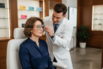 Femme d'âge moyen en optique avec opticien professionnel