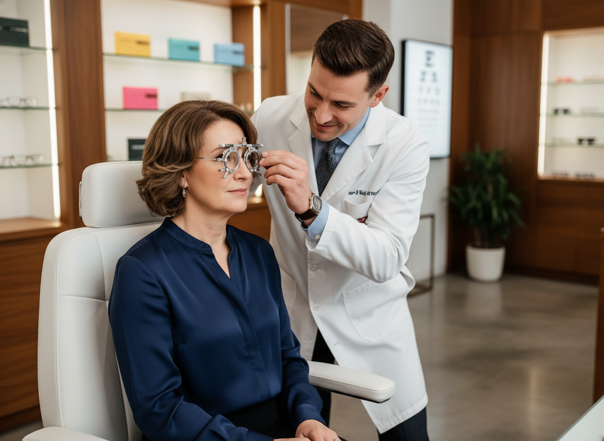 Femme d'âge moyen en optique avec opticien professionnel