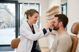 Opticienne ajustant des lunettes sur un client dans une boutique d'optique moderne à Brest