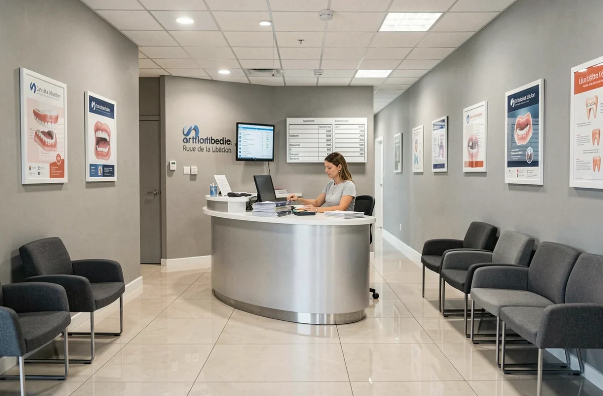 Accueil moderne de la SELARL Orthodontie Libération à Dijon avec une réceptionniste professionnelle