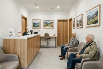 Salle d'attente d'un cabinet orthodontique moderne en Bourgogne-Franche-Comté avec des patients adultes et une réception professionnelle