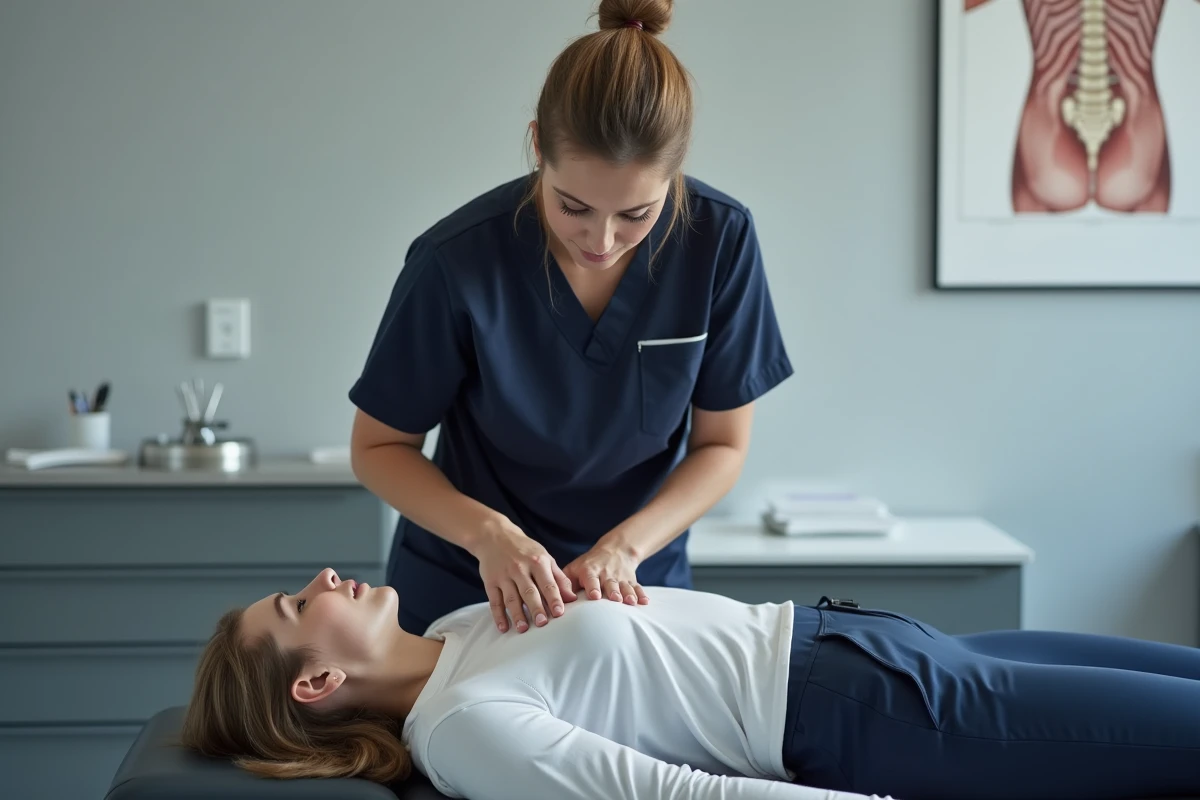 Ostéopathe femme réalisant une manipulation vertébrale lombaire sur un patient allongé dans une salle de soin professionnelle