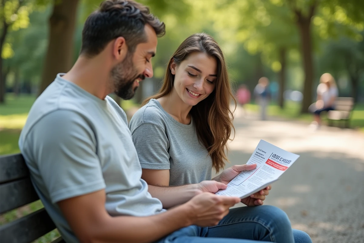 Un homme partage une brochure sur le don de sang O négatif avec une amie assise sur un banc dans un parc urbain ensoleillé