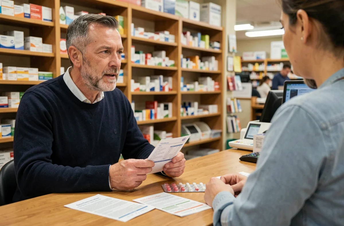 Homme en pharmacie tenant une ordonnance d'anticoagulants, discutant des précautions liées aux fils résorbables