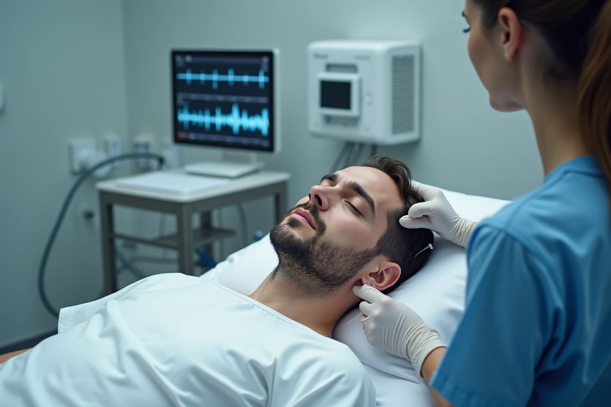 Patient allongé lors d'un examen EEG neurologique pour diagnostiquer des vertiges et céphalées récurrents dans un service hospitalier