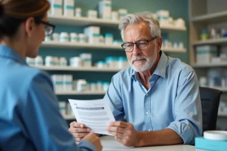 Patient écoute pharmacien avec leaflet sur vaccin shingles