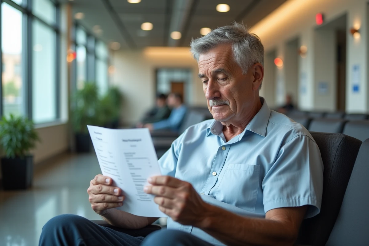 Patient lisant ses résultats d'analyse sanguine CA 19-9 dans la salle d'attente d'un établissement médical