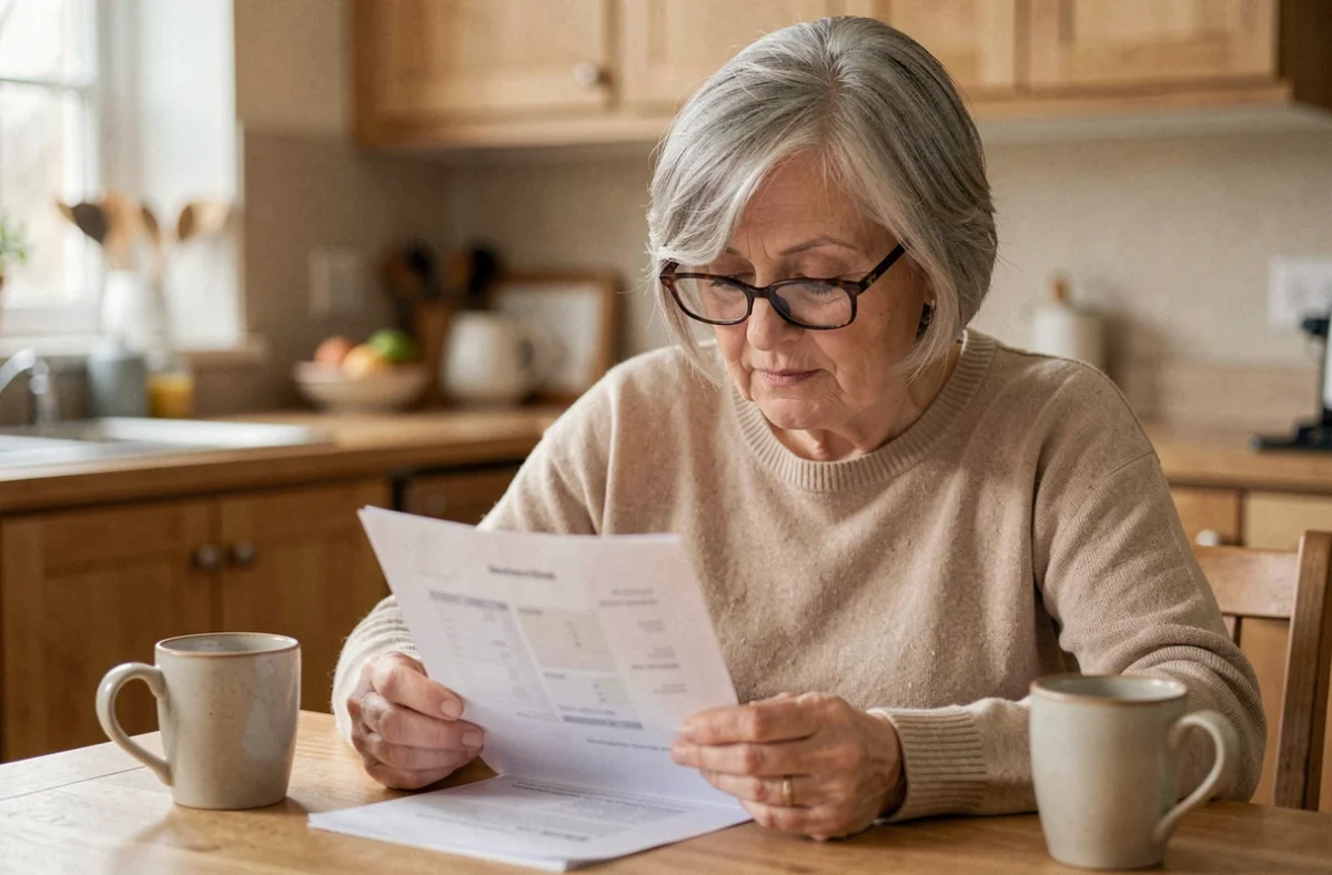 Patiente lisant ses résultats d'hémogramme à domicile avec focus sur les valeurs sanguines