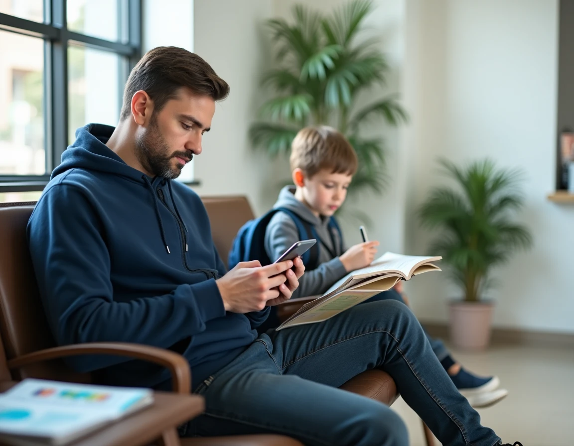 Père organisant les rendez-vous de kinésithérapie de son fils sur une application mobile en salle d'attente