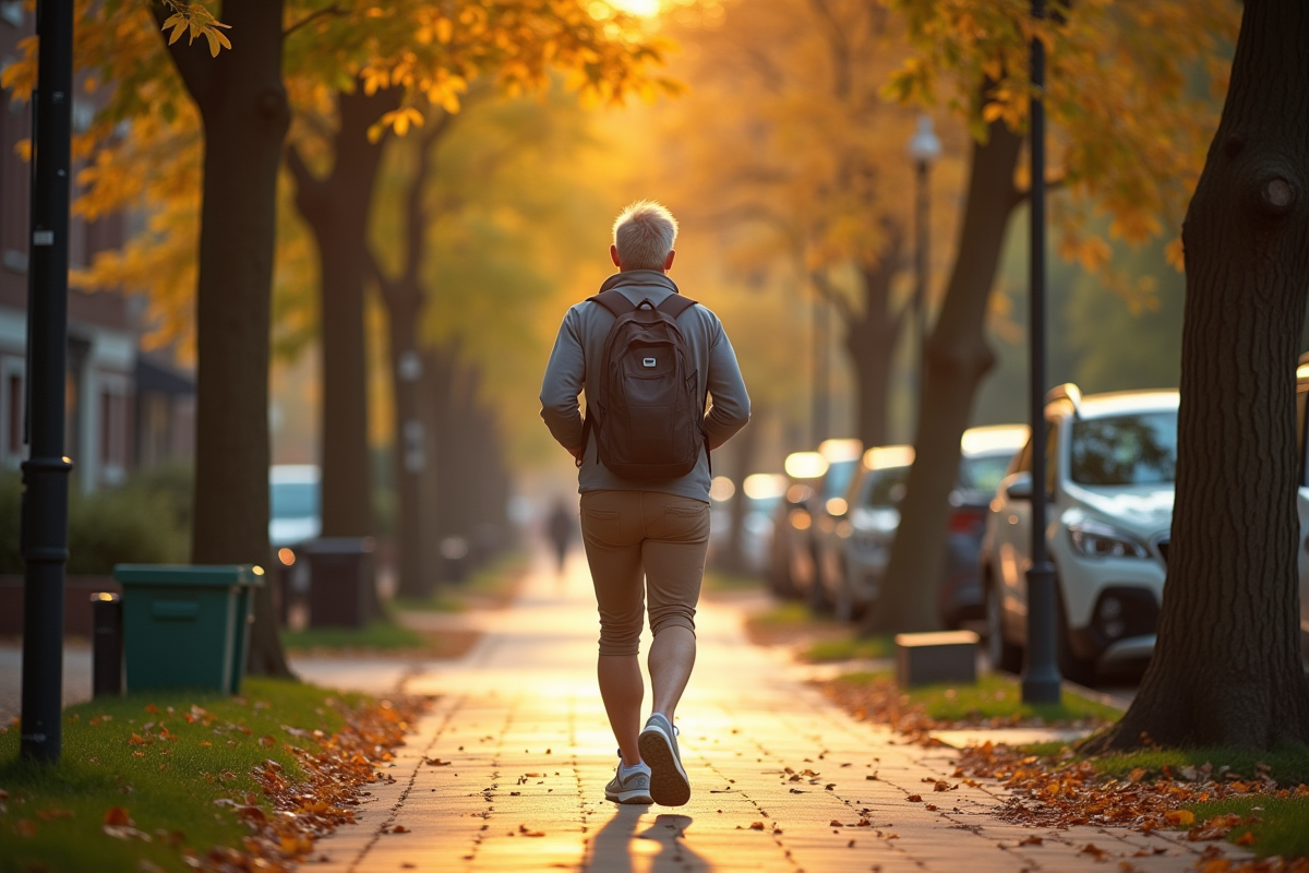 Personne en marche rapide sur trottoir urbain matinal