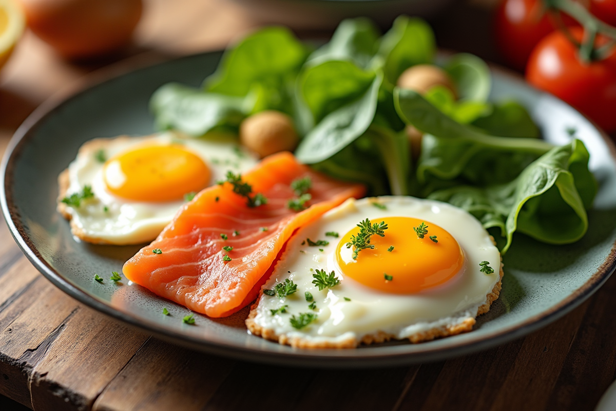 Assiette de petit déjeuner avec œufs saumon fromage et légumes verts