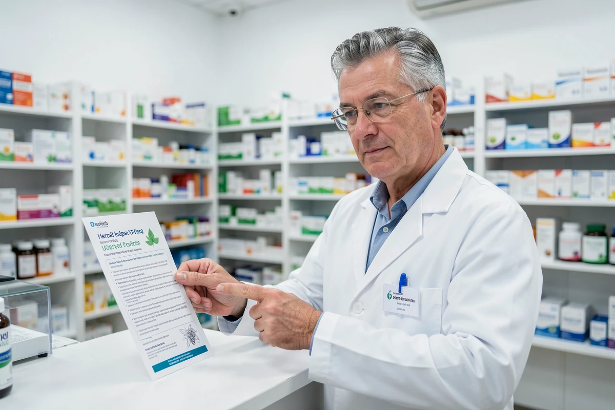 Pharmacien expliquant les effets secondaires possibles du Guggul PLUS à un patient