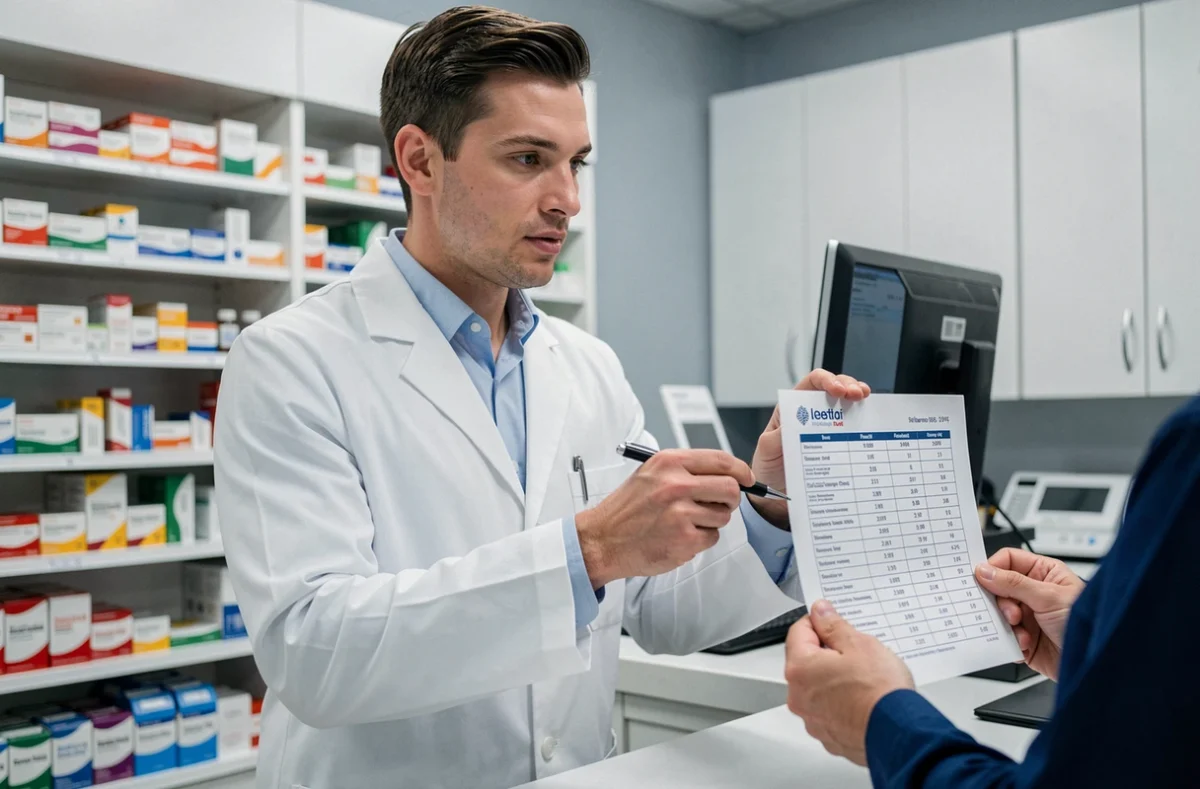 Pharmacien expliquant une liste de médicaments à un patient au comptoir d'une pharmacie
