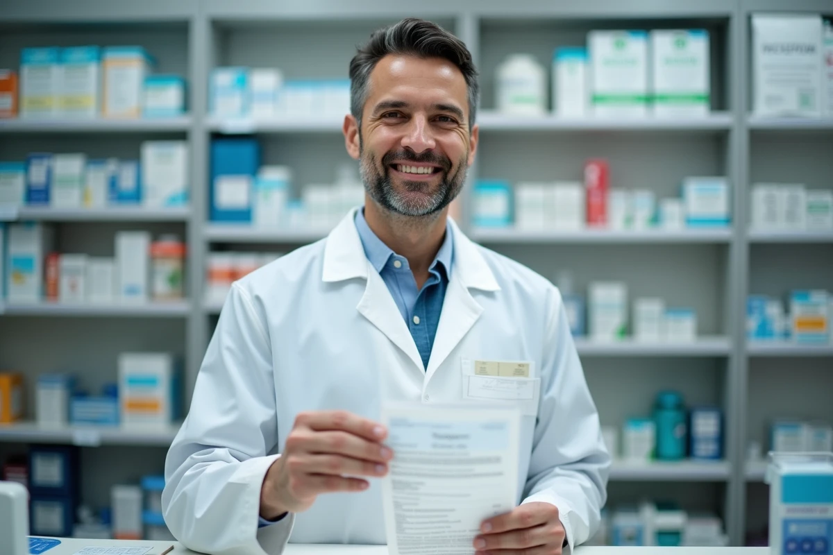 Pharmacien tenant une boîte de complément détox et un reçu illustrant le prix d'une cure en pharmacie