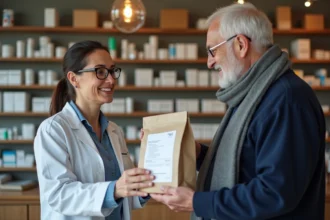Pharmacienne souriante remettant une ordonnance à un patient âgé