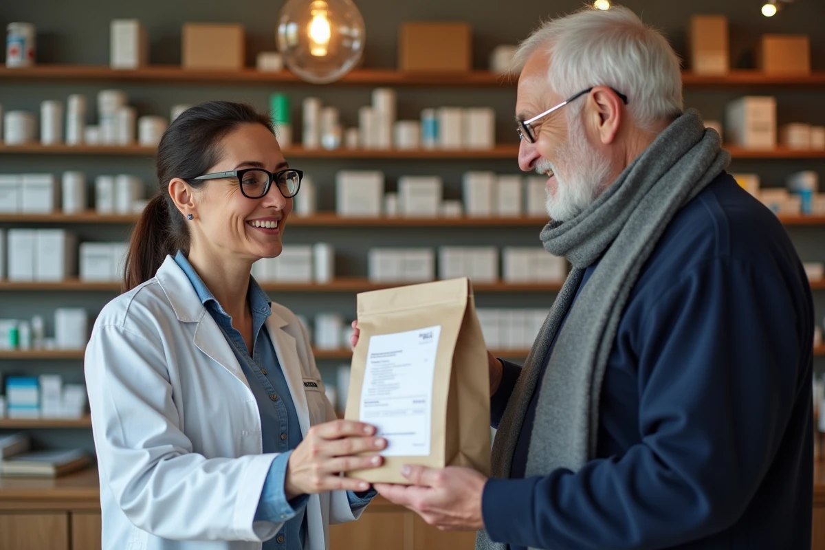 Pharmacienne souriante remettant une ordonnance à un patient âgé
