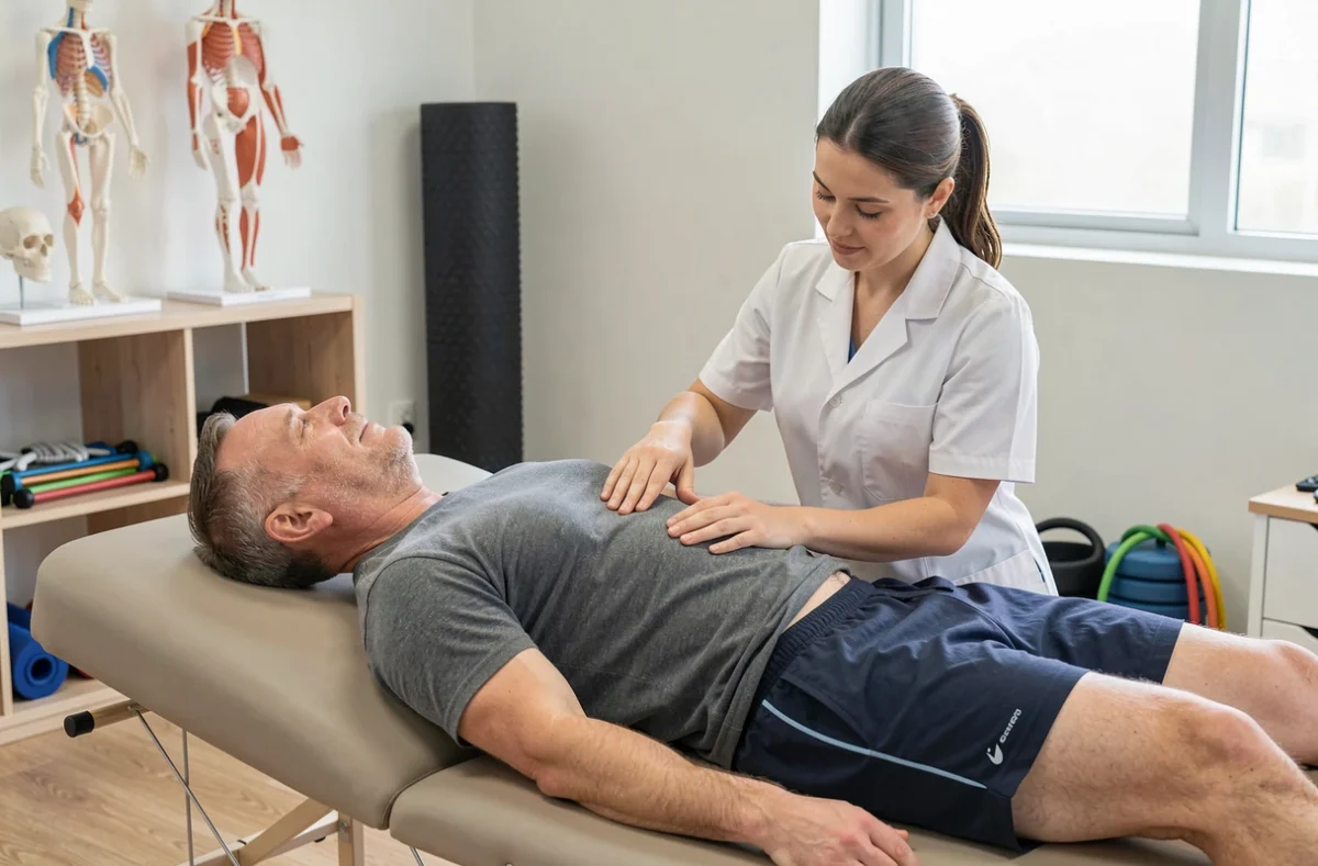 Physiothérapeute examinant les côtes d'un patient lors d'une séance de rééducation