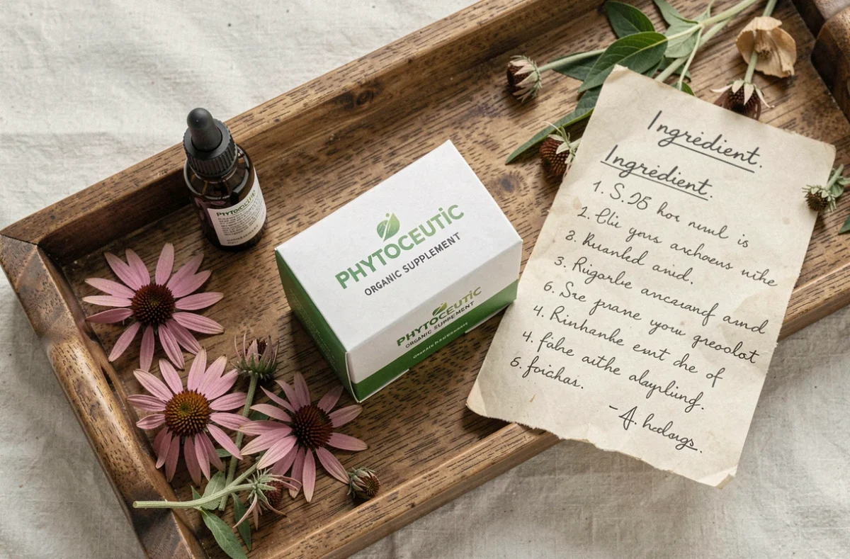 Emballage Phytoceutic complément alimentaire bio en boîte blanche et verte sur plateau en bois avec flacons compte-gouttes et fleurs d'échinacée séchées