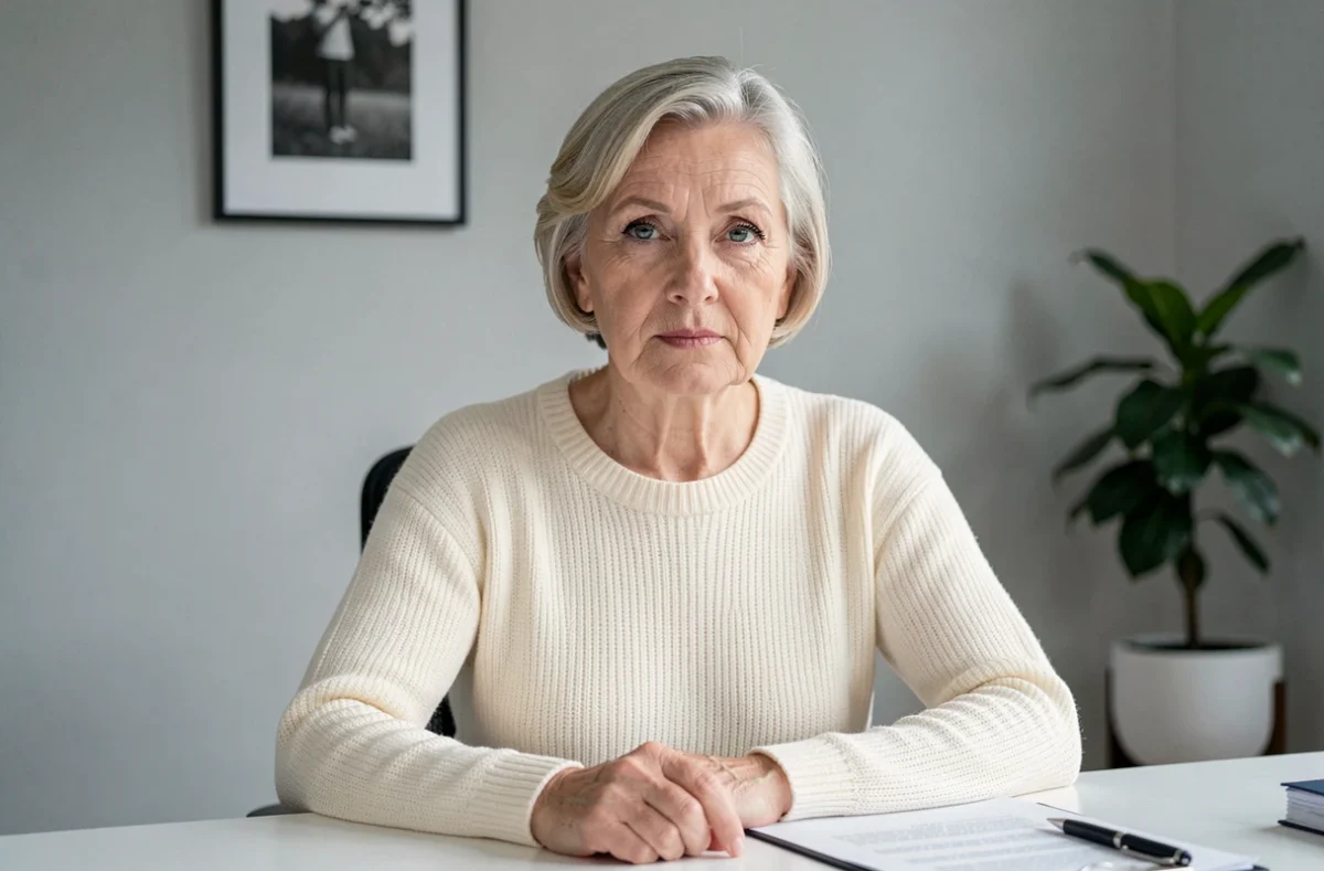 Portrait éditorial d'une femme politique âgée assise dans un bureau épuré, regard direct et sincère illustrant la transparence médiatique sur la maladie d'un personnage public