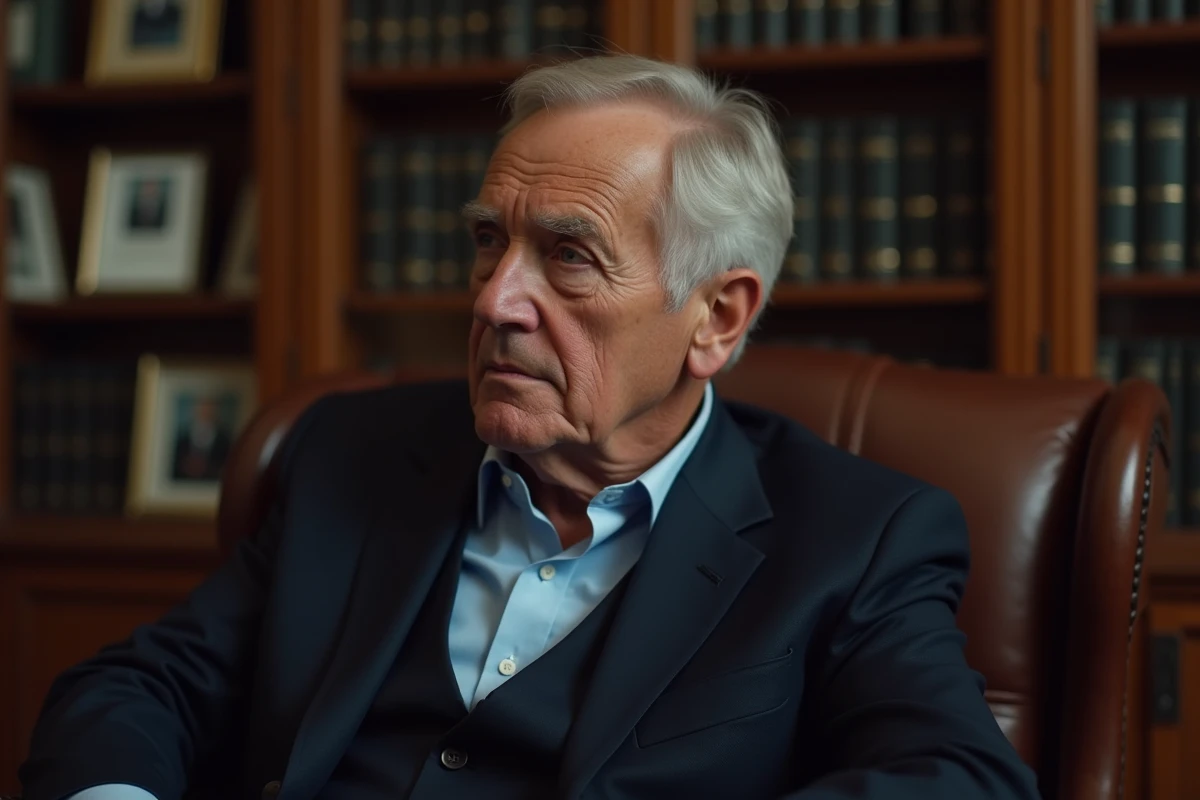 Portrait d'un homme politique senior à l'air pensif dans une bibliothèque privée, évoquant les polémiques autour de la santé des personnalités publiques