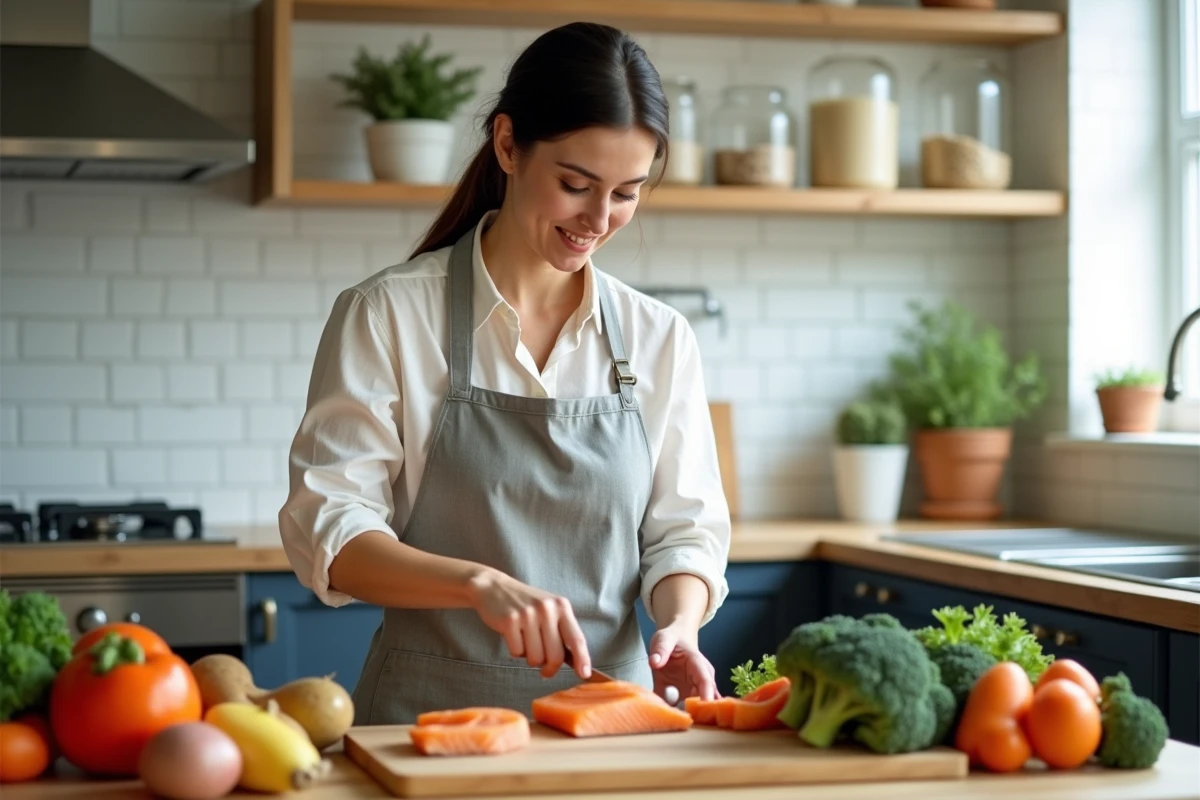 Mère préparant un repas riche en calcium et en nutriments essentiels pour un enfant souffrant de maladie de Sever