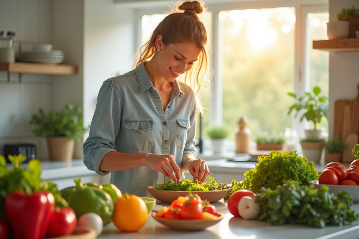 Femme préparant une salade fraîche dans une cuisine lumineuse