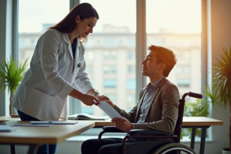 Professionnel aidant une personne en fauteuil dans un bureau lumineux