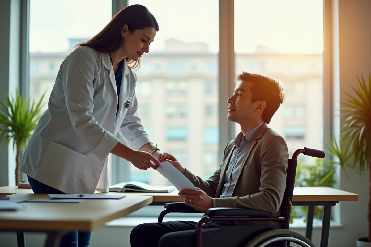 Professionnel aidant une personne en fauteuil dans un bureau lumineux