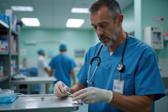 Médecin en blouse bleue prépare un cathéter central en salle