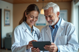 Professionnelle de santé aidant un senior avec une tablette