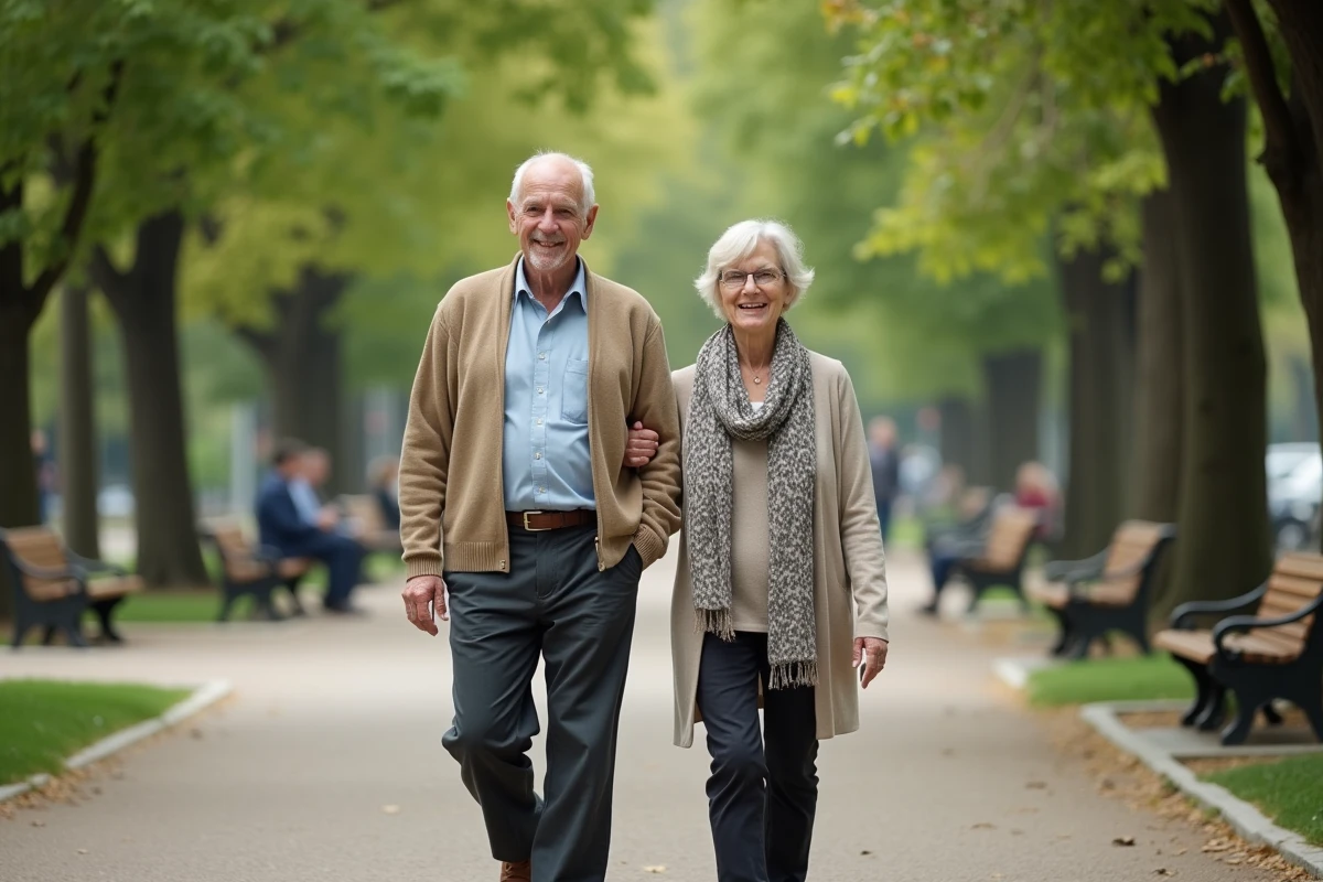 Homme âgé et femme marchant dans un parc