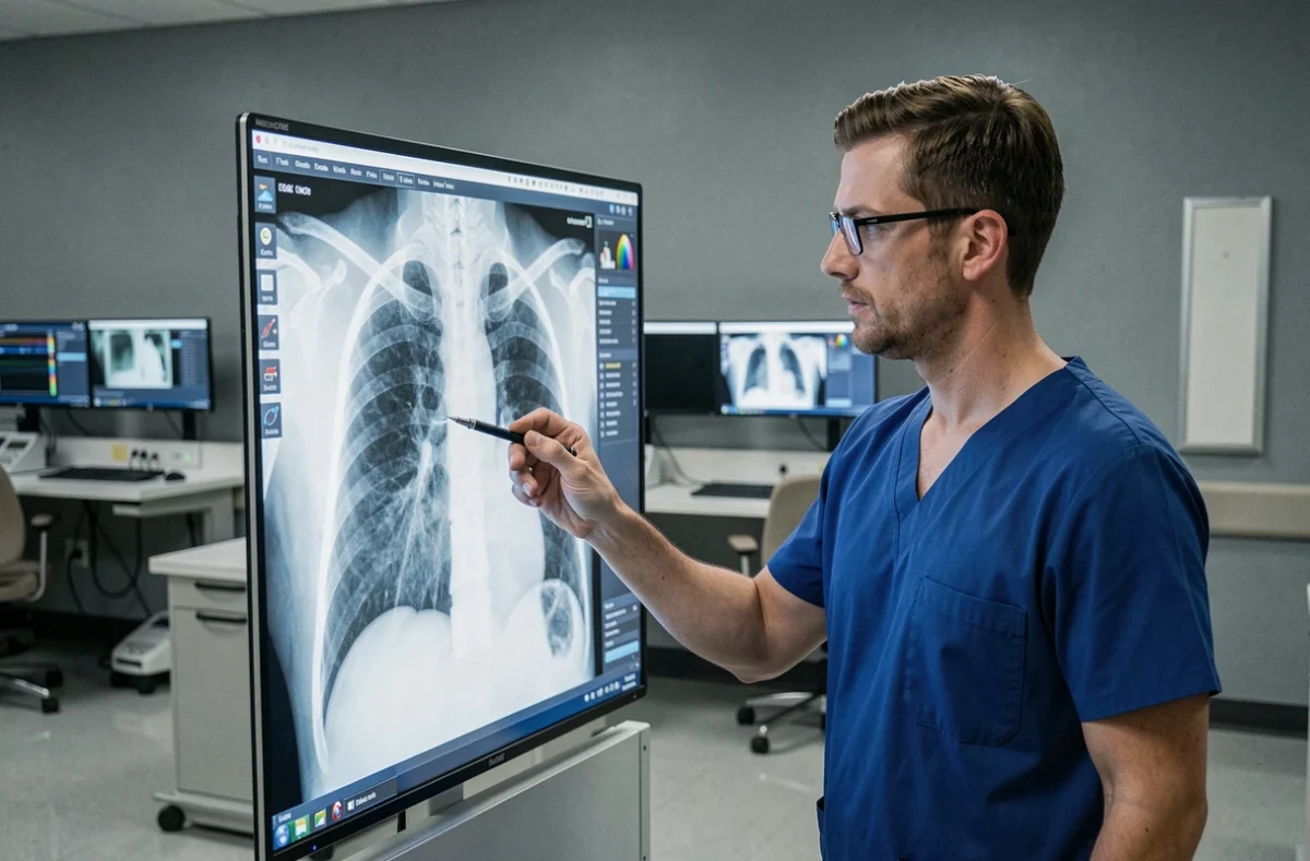 Radiologue analysant une radiographie thoracique pour diagnostiquer des côtes déplacées
