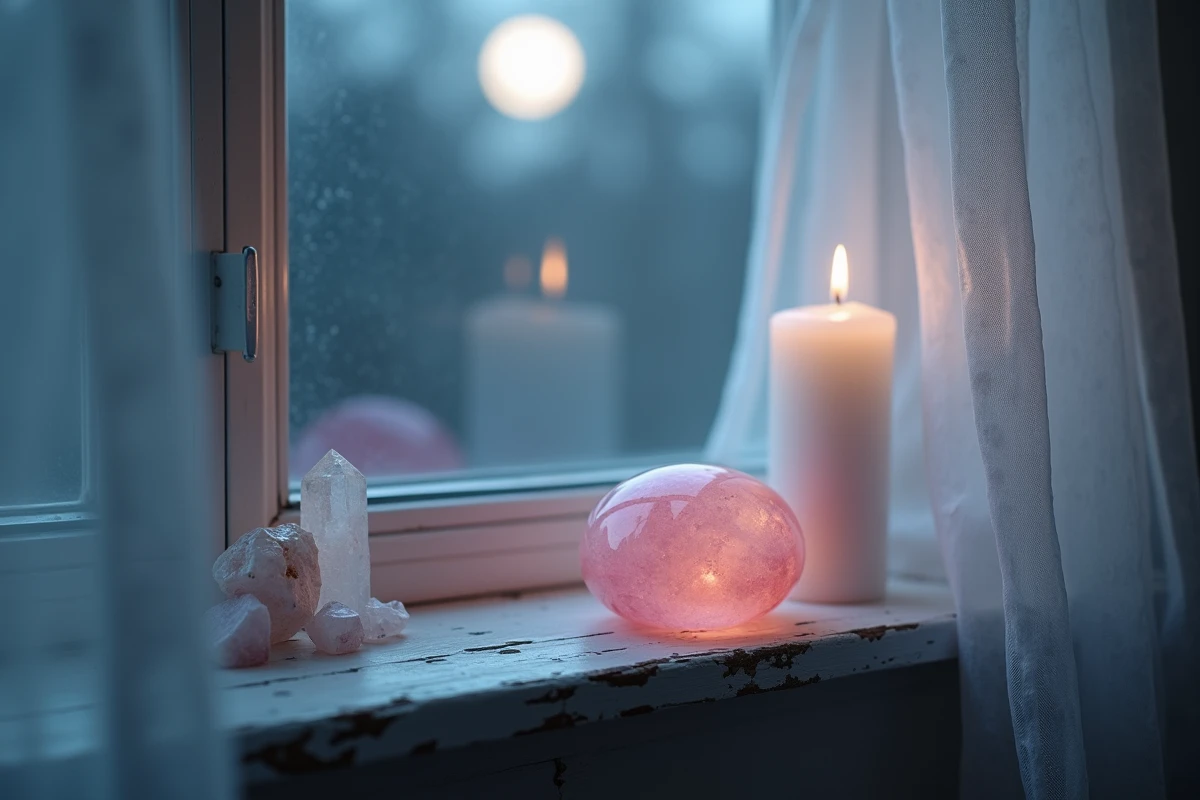 Pierre worrying stone en quartz rose posée sur un rebord de fenêtre pour une recharge sous la lumière lunaire avec cristaux et bougie