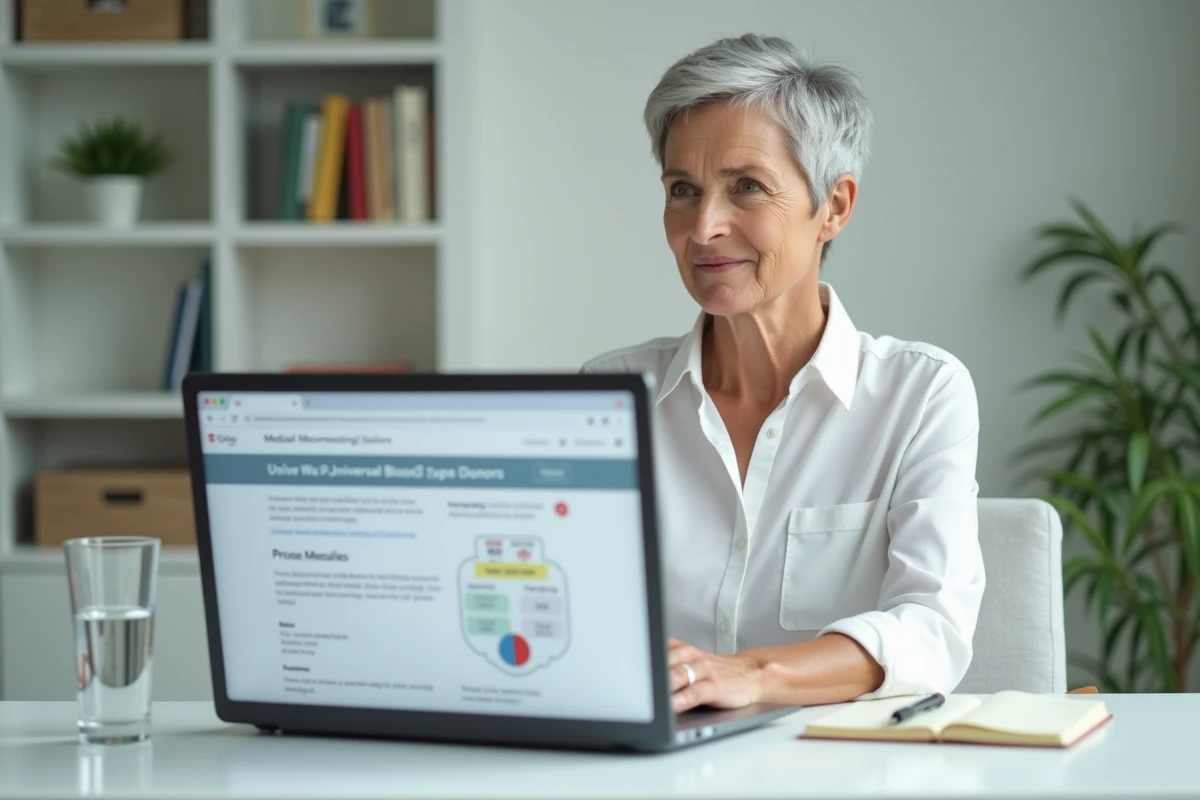 Une femme aux cheveux gris recherche des informations sur le groupe sanguin universel donneur O négatif sur son ordinateur portable à son bureau