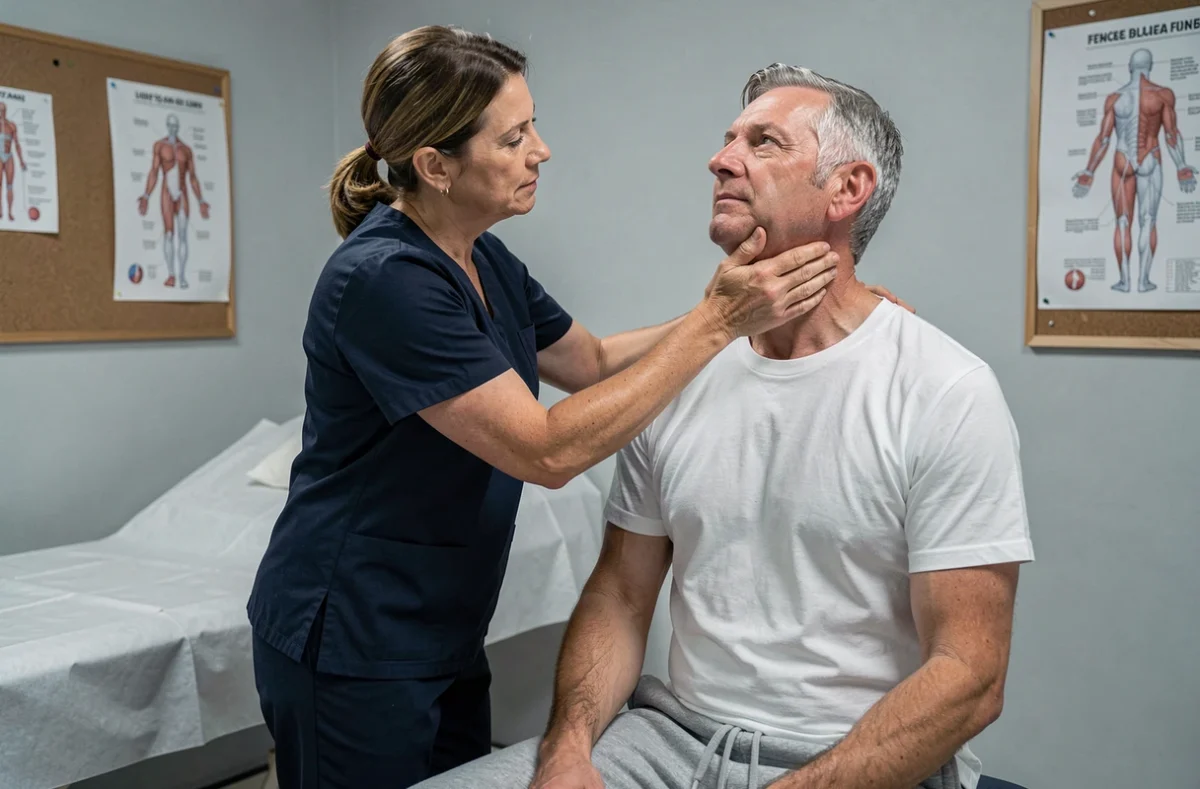 Kinésithérapeute guidant un patient en séance de rééducation cervicale après un traitement par radiothérapie ORL
